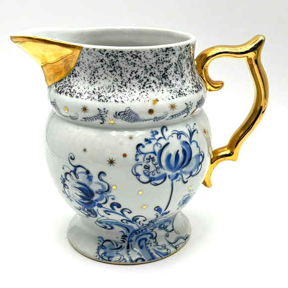 ANTHROPOLOGIE Fancy White Blue 21k Gold trim Floral Pitcher Vase. 8" inches tall - Picture 2 of 7